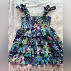 Y2K Watercolor Floral Smocked Ruffle Tiered Babydoll Top Large Whimsical Fairy‎